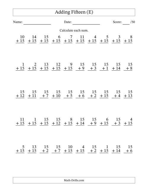 The Adding Fifteen With The Other Addend From 1 to 15 – 50 Questions (E) Math Worksheet