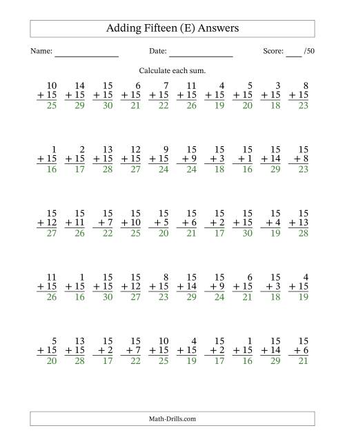 The Adding Fifteen With The Other Addend From 1 to 15 – 50 Questions (E) Math Worksheet Page 2