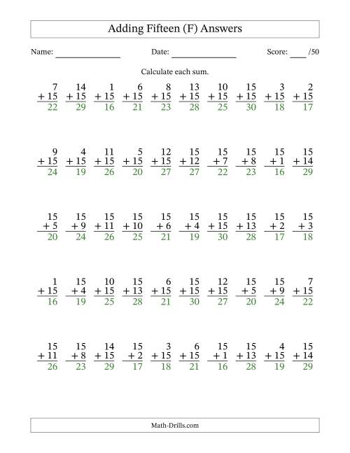 The Adding Fifteen With The Other Addend From 1 to 15 – 50 Questions (F) Math Worksheet Page 2