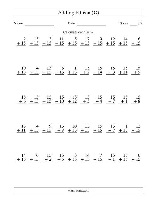 The Adding Fifteen With The Other Addend From 1 to 15 – 50 Questions (G) Math Worksheet