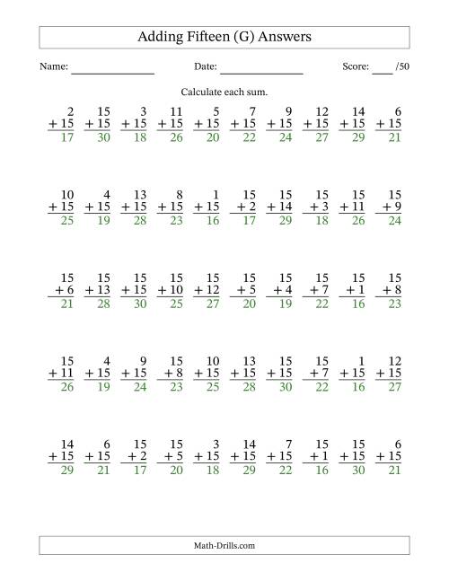 The Adding Fifteen With The Other Addend From 1 to 15 – 50 Questions (G) Math Worksheet Page 2