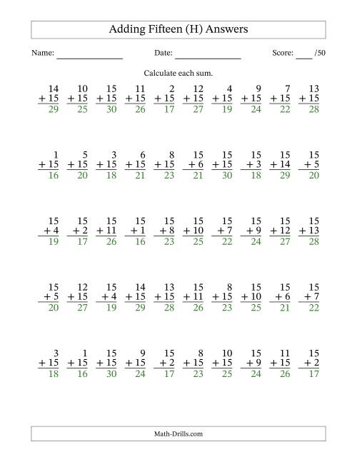 The Adding Fifteen With The Other Addend From 1 to 15 – 50 Questions (H) Math Worksheet Page 2