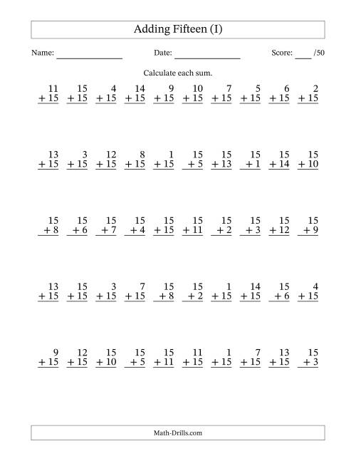 The Adding Fifteen With The Other Addend From 1 to 15 – 50 Questions (I) Math Worksheet