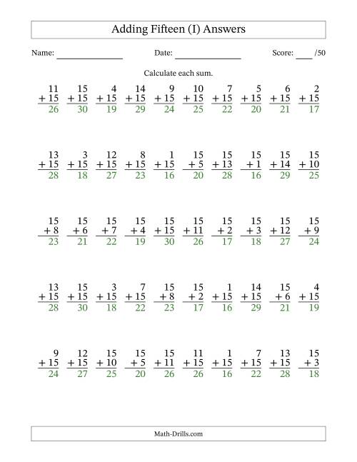 The Adding Fifteen With The Other Addend From 1 to 15 – 50 Questions (I) Math Worksheet Page 2
