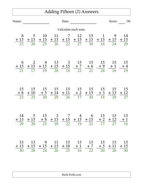 The Adding Fifteen With The Other Addend From 1 to 15 – 50 Questions (J) Math Worksheet Page 2