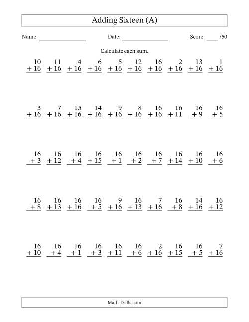 The Adding Sixteen With The Other Addend From 1 to 16 – 50 Questions (A) Math Worksheet