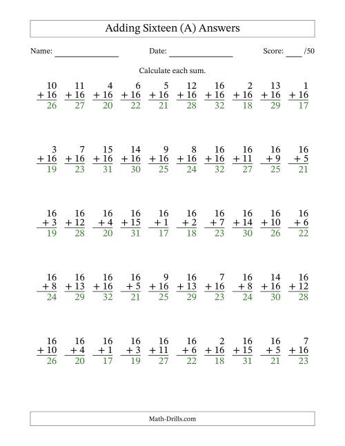 The Adding Sixteen With The Other Addend From 1 to 16 – 50 Questions (A) Math Worksheet Page 2