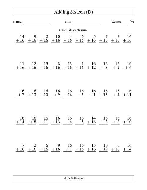 The Adding Sixteen With The Other Addend From 1 to 16 – 50 Questions (D) Math Worksheet