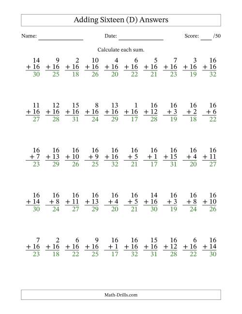 The Adding Sixteen With The Other Addend From 1 to 16 – 50 Questions (D) Math Worksheet Page 2
