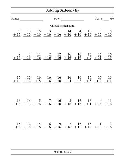 The Adding Sixteen With The Other Addend From 1 to 16 – 50 Questions (E) Math Worksheet
