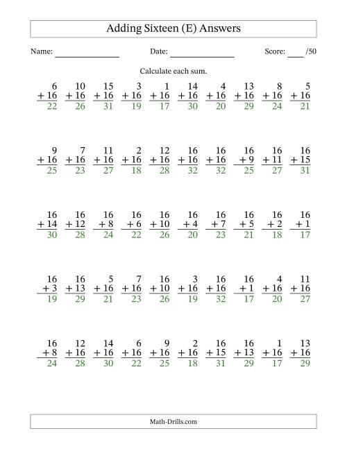 The Adding Sixteen With The Other Addend From 1 to 16 – 50 Questions (E) Math Worksheet Page 2