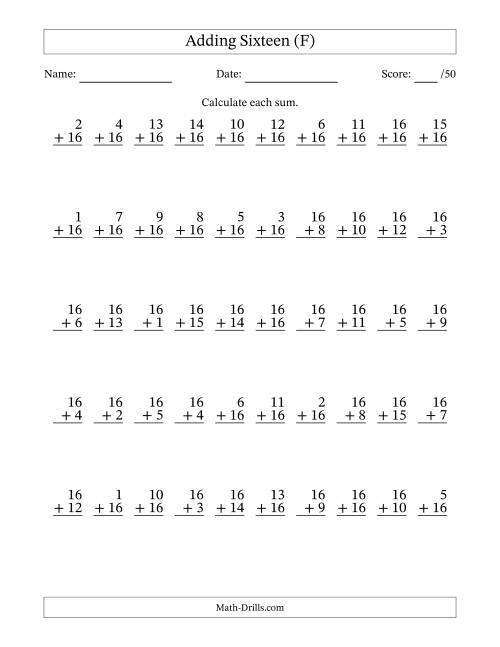 The Adding Sixteen With The Other Addend From 1 to 16 – 50 Questions (F) Math Worksheet