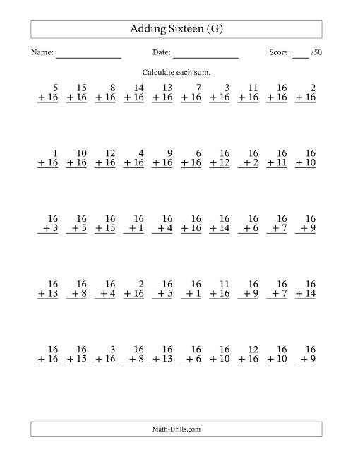 The Adding Sixteen With The Other Addend From 1 to 16 – 50 Questions (G) Math Worksheet