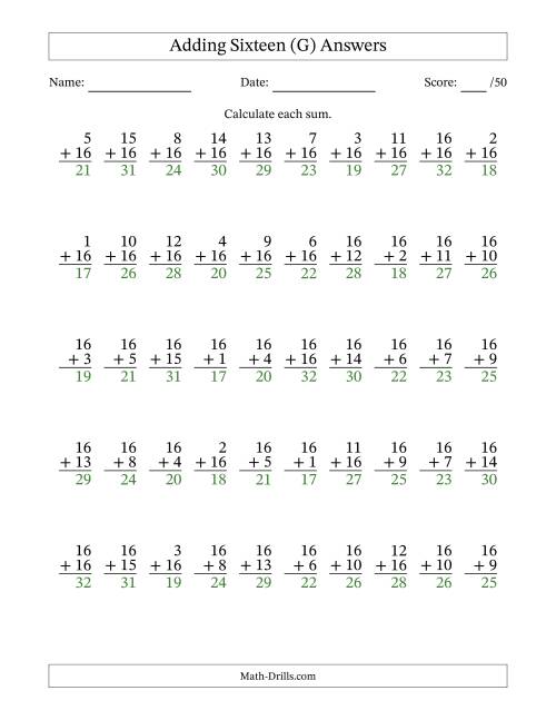 The Adding Sixteen With The Other Addend From 1 to 16 – 50 Questions (G) Math Worksheet Page 2