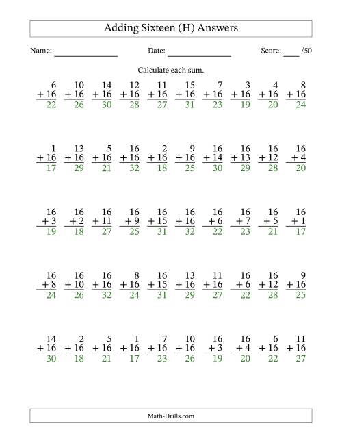 The Adding Sixteen With The Other Addend From 1 to 16 – 50 Questions (H) Math Worksheet Page 2