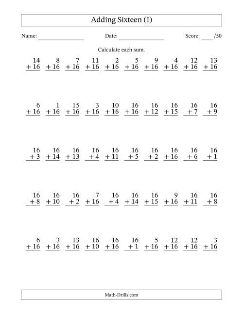 The Adding Sixteen With The Other Addend From 1 to 16 – 50 Questions (I) Math Worksheet