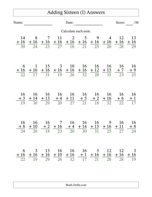 The Adding Sixteen With The Other Addend From 1 to 16 – 50 Questions (I) Math Worksheet Page 2
