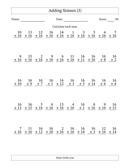 The Adding Sixteen With The Other Addend From 1 to 16 – 50 Questions (J) Math Worksheet