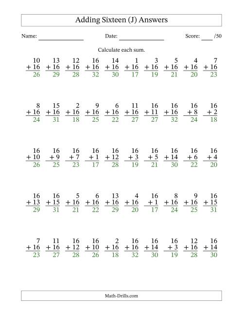 The Adding Sixteen With The Other Addend From 1 to 16 – 50 Questions (J) Math Worksheet Page 2