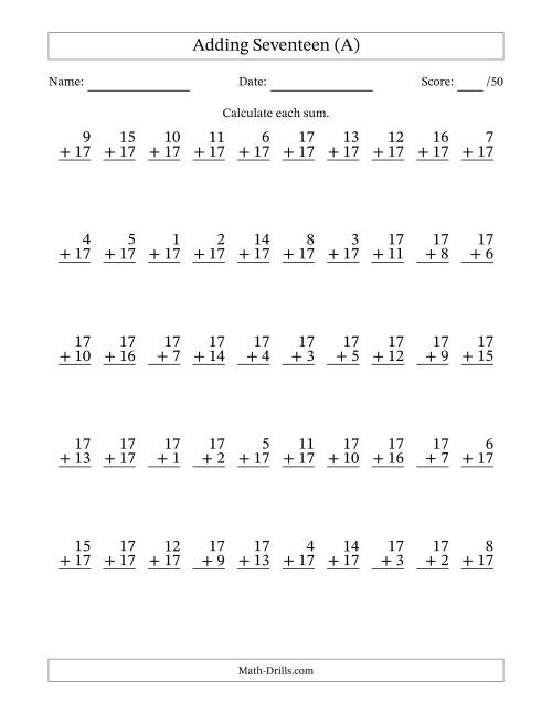 The Adding Seventeen With The Other Addend From 1 to 17 – 50 Questions (A) Math Worksheet
