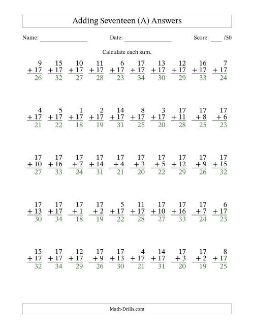 The 50 Vertical Adding Seventeens Questions (A) Math Worksheet Page 2