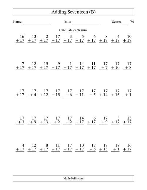 The Adding Seventeen With The Other Addend From 1 to 17 – 50 Questions (B) Math Worksheet