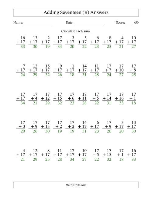 The Adding Seventeen With The Other Addend From 1 to 17 – 50 Questions (B) Math Worksheet Page 2