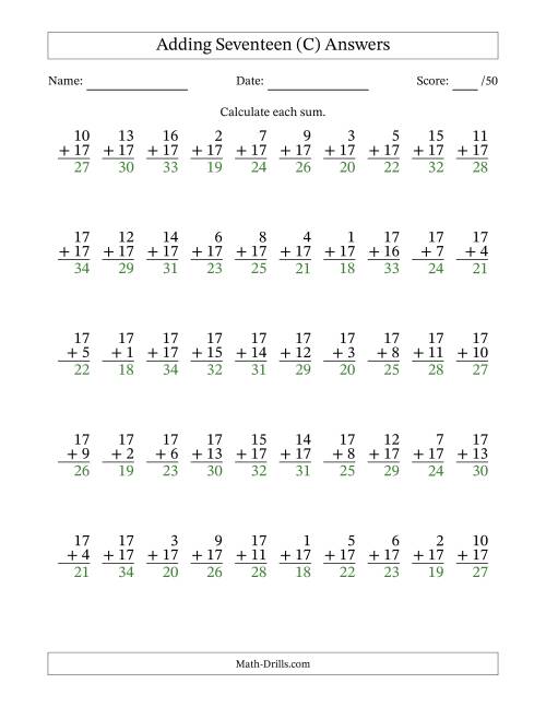The Adding Seventeen With The Other Addend From 1 to 17 – 50 Questions (C) Math Worksheet Page 2
