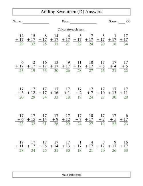 The Adding Seventeen With The Other Addend From 1 to 17 – 50 Questions (D) Math Worksheet Page 2
