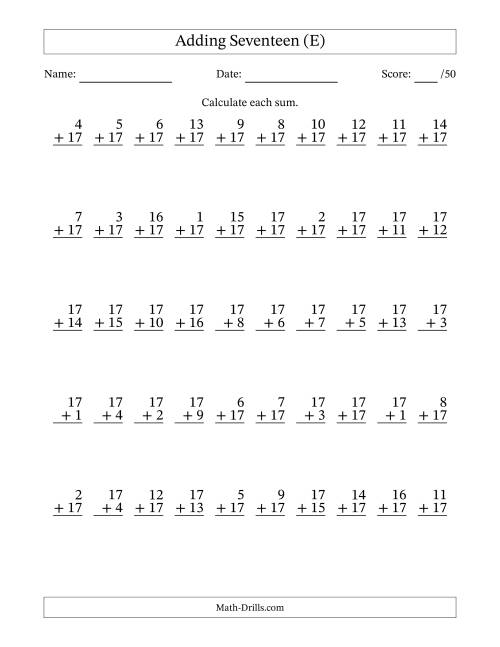 The Adding Seventeen With The Other Addend From 1 to 17 – 50 Questions (E) Math Worksheet