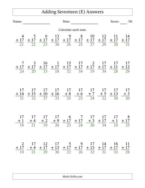 The Adding Seventeen With The Other Addend From 1 to 17 – 50 Questions (E) Math Worksheet Page 2