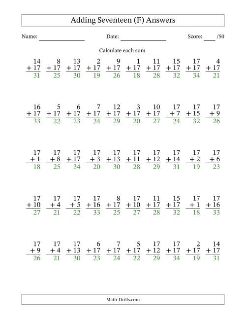 The Adding Seventeen With The Other Addend From 1 to 17 – 50 Questions (F) Math Worksheet Page 2