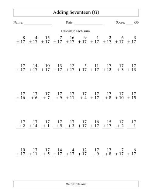 The Adding Seventeen With The Other Addend From 1 to 17 – 50 Questions (G) Math Worksheet