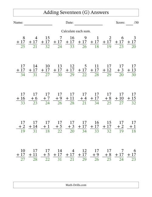 The Adding Seventeen With The Other Addend From 1 to 17 – 50 Questions (G) Math Worksheet Page 2