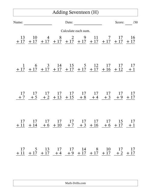 The Adding Seventeen With The Other Addend From 1 to 17 – 50 Questions (H) Math Worksheet