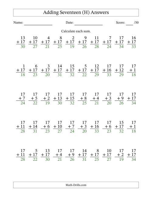 The Adding Seventeen With The Other Addend From 1 to 17 – 50 Questions (H) Math Worksheet Page 2