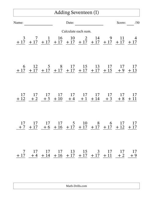 The Adding Seventeen With The Other Addend From 1 to 17 – 50 Questions (I) Math Worksheet