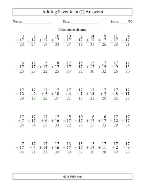 The Adding Seventeen With The Other Addend From 1 to 17 – 50 Questions (I) Math Worksheet Page 2
