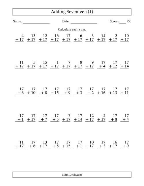 The Adding Seventeen With The Other Addend From 1 to 17 – 50 Questions (J) Math Worksheet