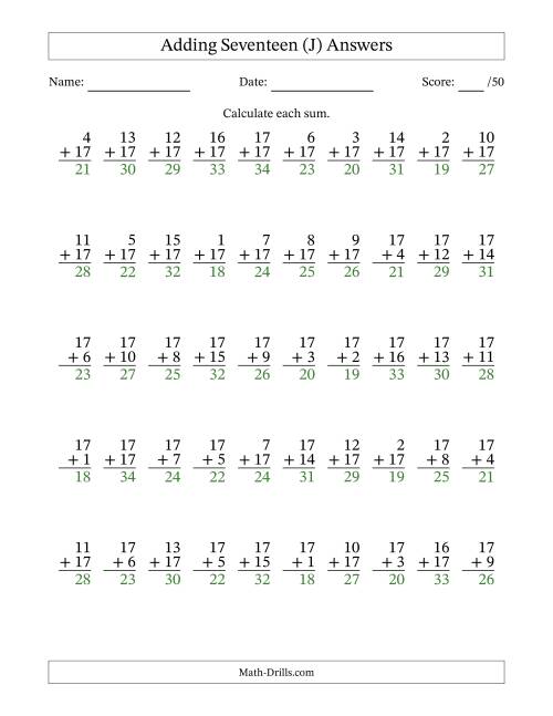 The Adding Seventeen With The Other Addend From 1 to 17 – 50 Questions (J) Math Worksheet Page 2