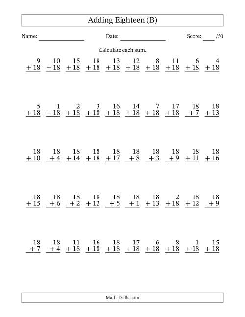The Adding Eighteen With The Other Addend From 1 to 18 – 50 Questions (B) Math Worksheet