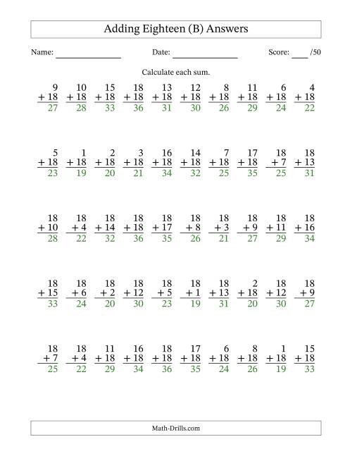 The Adding Eighteen With The Other Addend From 1 to 18 – 50 Questions (B) Math Worksheet Page 2
