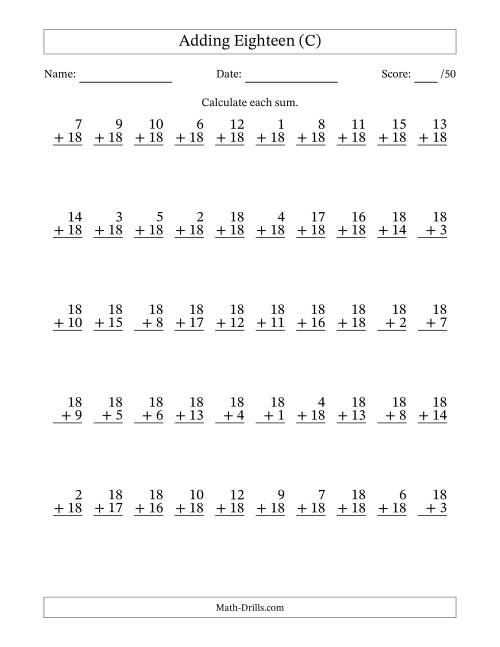 The Adding Eighteen With The Other Addend From 1 to 18 – 50 Questions (C) Math Worksheet