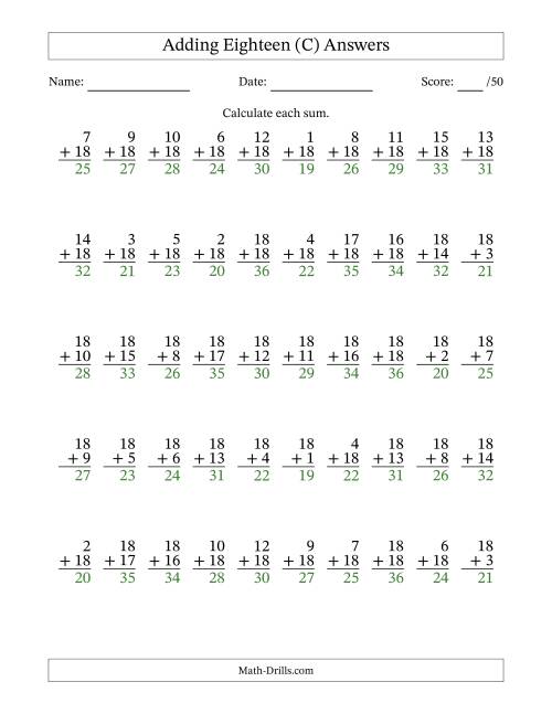 The 50 Vertical Adding Eighteens Questions (C) Math Worksheet Page 2