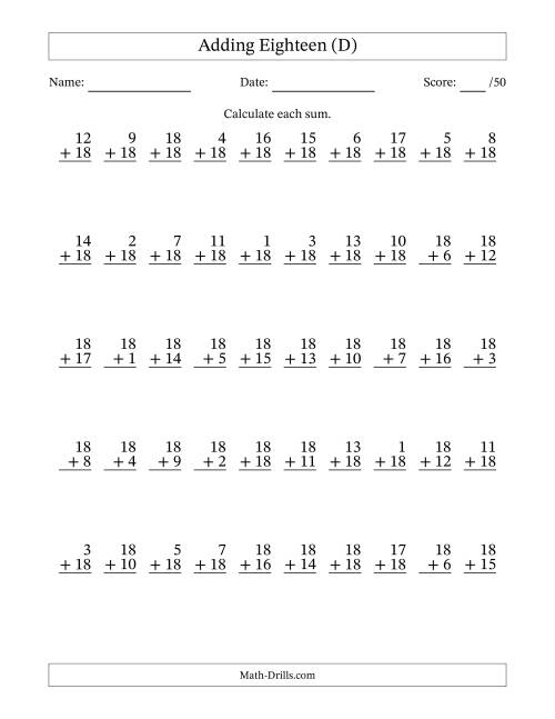 The Adding Eighteen With The Other Addend From 1 to 18 – 50 Questions (D) Math Worksheet