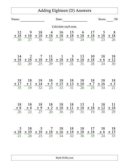The Adding Eighteen With The Other Addend From 1 to 18 – 50 Questions (D) Math Worksheet Page 2