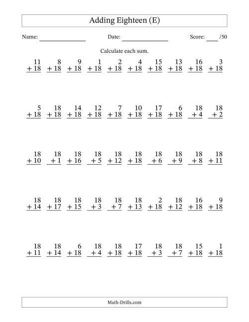 The Adding Eighteen With The Other Addend From 1 to 18 – 50 Questions (E) Math Worksheet
