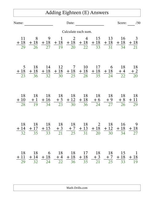 The 50 Vertical Adding Eighteens Questions (E) Math Worksheet Page 2