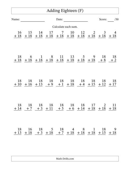 The Adding Eighteen With The Other Addend From 1 to 18 – 50 Questions (F) Math Worksheet