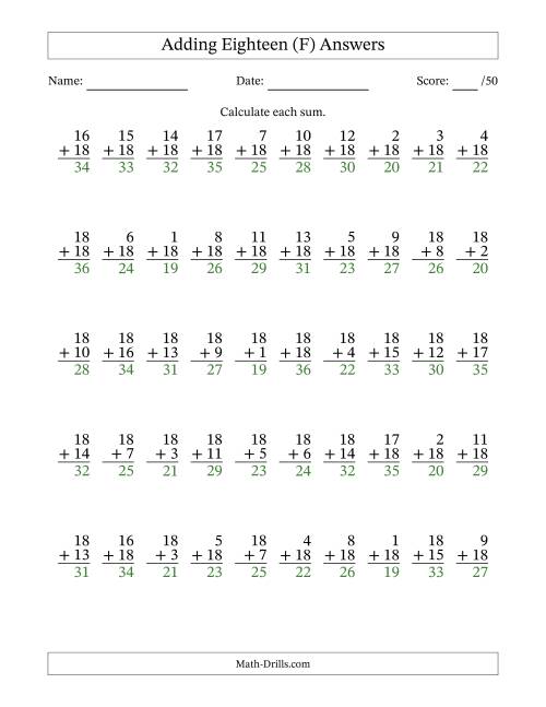 The 50 Vertical Adding Eighteens Questions (F) Math Worksheet Page 2